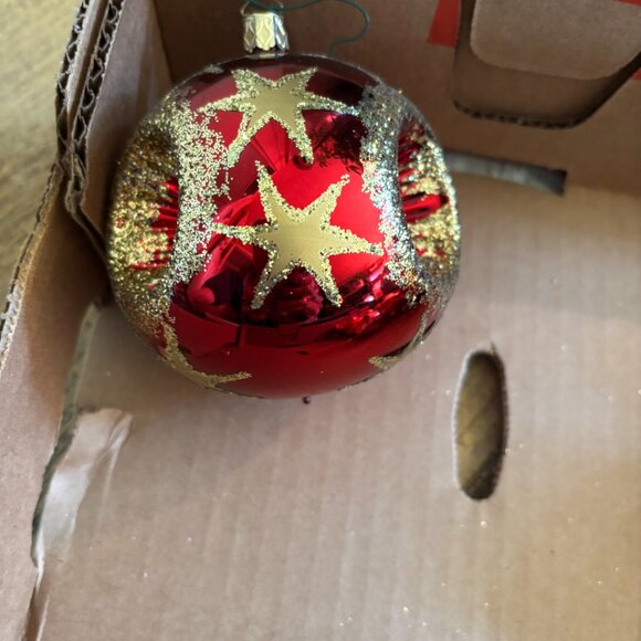 Old World Christmas ornament large Triple Indent Reflector blow glass Red stars - Picture 2 of 2